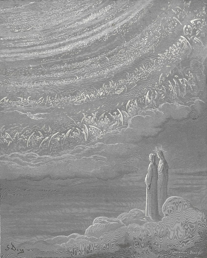 Stich mit Engelscharen, die in Kreisen durch den Himmel ziehen; zwei Gestalten blicken von einer Wolke hinauf