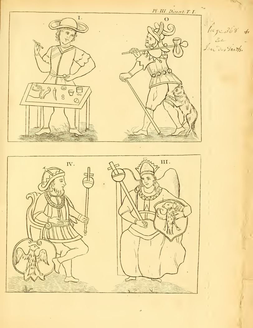 Historische Lehrtafel mit Strichzeichnungen von vier Tarot-Trumpfkarten auf vergilbtem Papier
