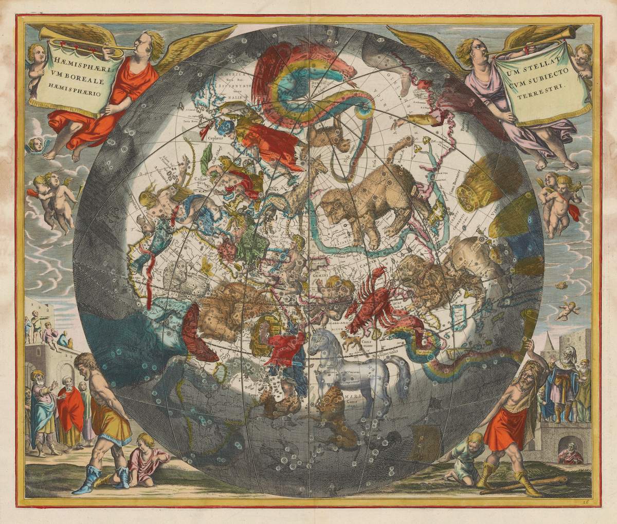 Prachtvolle barocke Himmelskarte mit Tierkreiszeichen und Sternbildern über der Nordhalbkugel, gerahmt von Engeln mit Posaunen