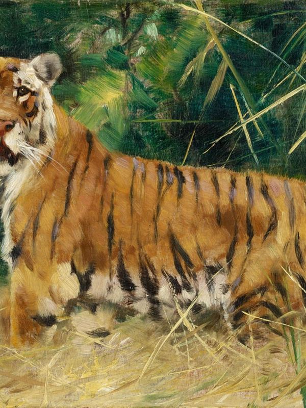 Ein Tiger steht im dichten Gras und Bambus und blickt den Betrachter an – Ölgemälde