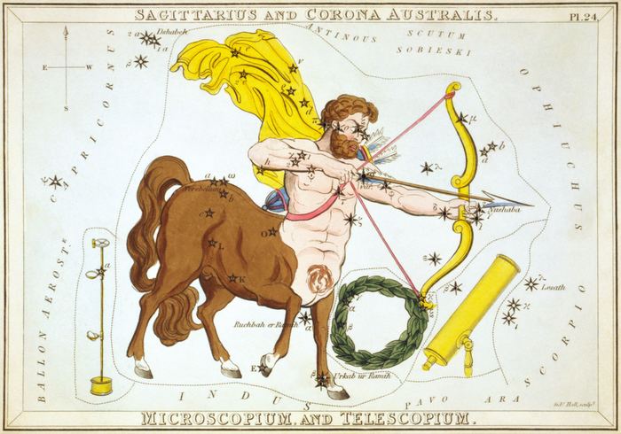 Der Schütze als Zentaur mit gespanntem Bogen, dazu Lorbeerkranz und Fernrohr auf einer Sternkarte