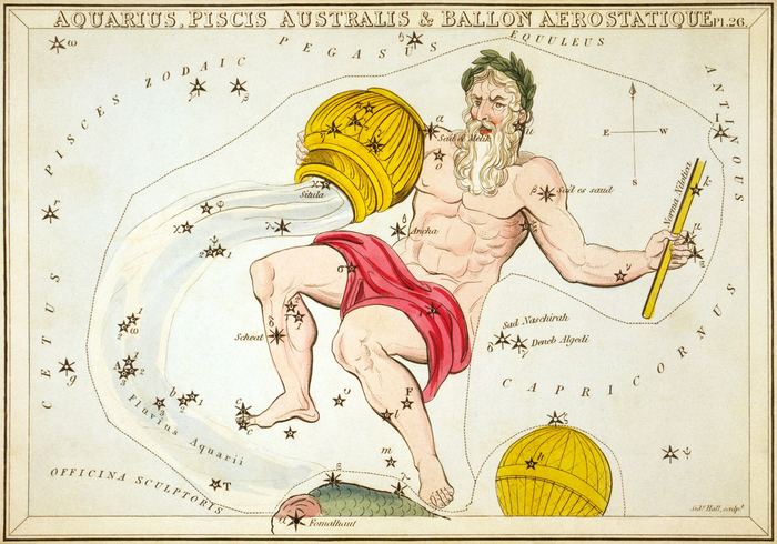 Der Wassermann, ein bärtiger Mann, gießt Wasser aus einem Krug – handkolorierte Sternbildkarte