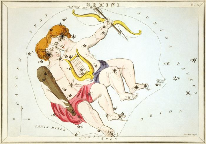 Die Zwillinge Castor und Pollux eng umschlungen mit Lyra und Keule auf einer historischen Sternkarte