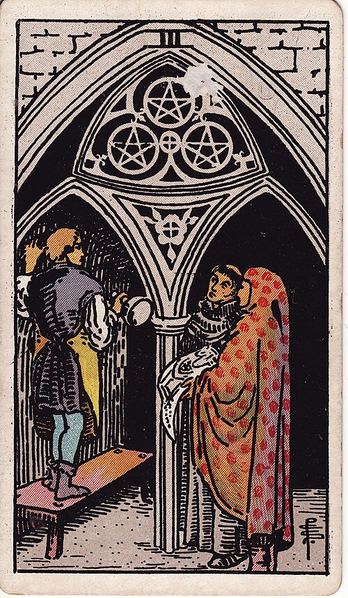 Tarotkarte Drei der Münzen aus dem Rider-Waite-Tarot