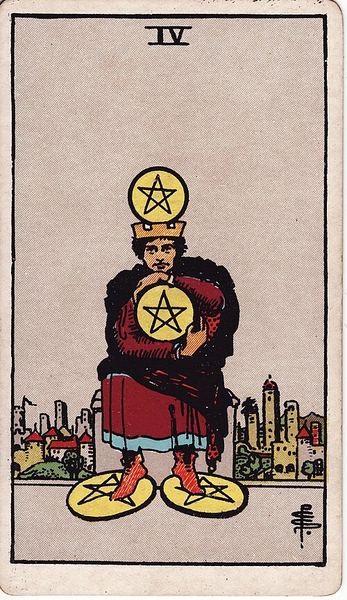Tarotkarte Vier der Münzen aus dem Rider-Waite-Tarot