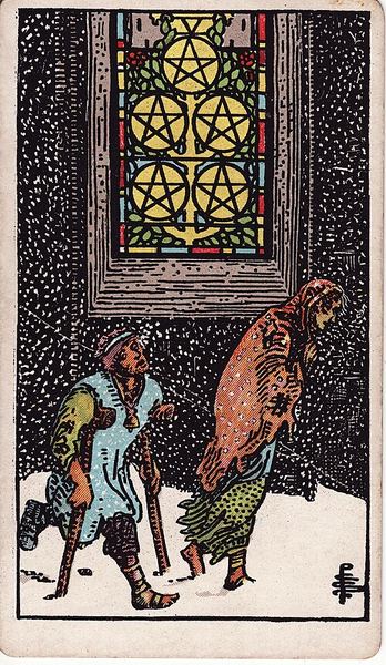 Tarotkarte Fünf der Münzen aus dem Rider-Waite-Tarot