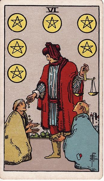Tarotkarte Sechs der Münzen aus dem Rider-Waite-Tarot