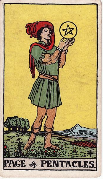Tarotkarte Bube der Münzen aus dem Rider-Waite-Tarot