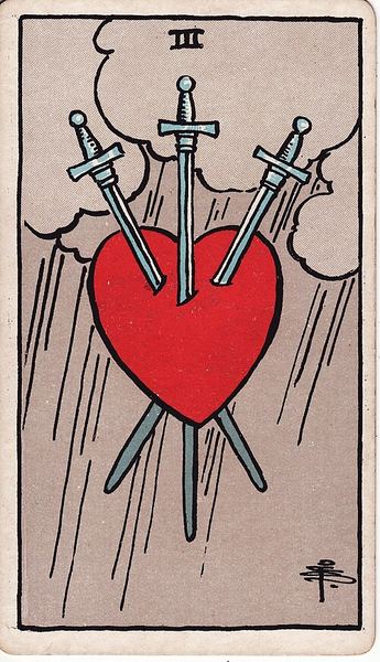 Tarotkarte Drei der Schwerter aus dem Rider-Waite-Tarot