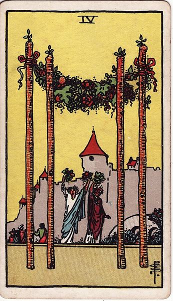 Tarotkarte Vier der Stäbe aus dem Rider-Waite-Tarot